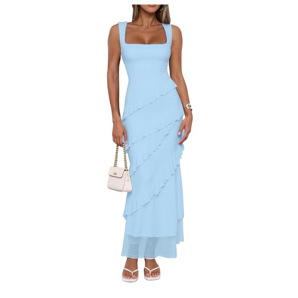 Unbranded Dresses & Skirts - Light Blue Square Neck Ruffle Tiered Mesh Maxi Dress Sleeveless Formal Gown M